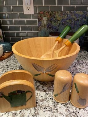 Vintage Clay Art Wood Salad Bowl & Utensils, Napkin Holder, Salt & Pepper Garden